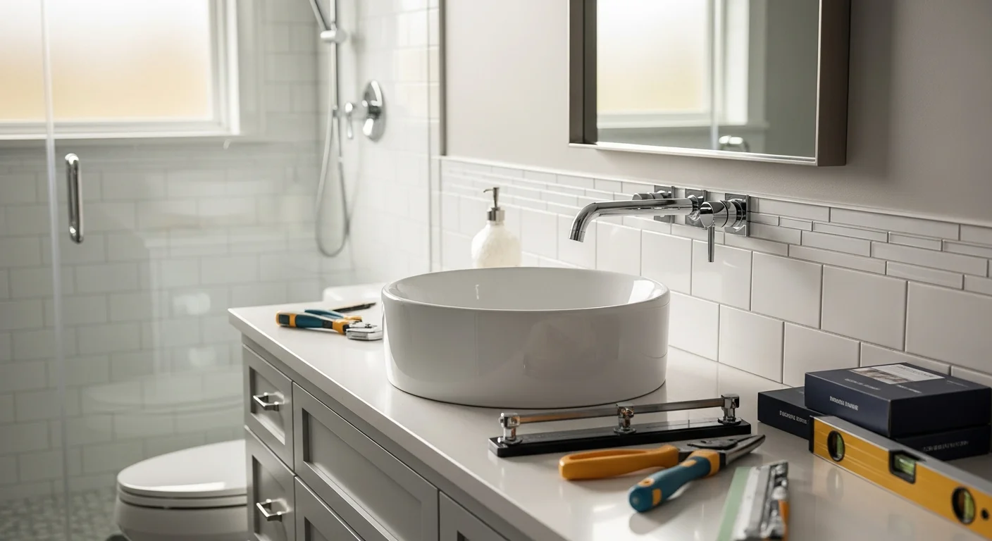 Modern bathroom with newly installed vanity and fixtures