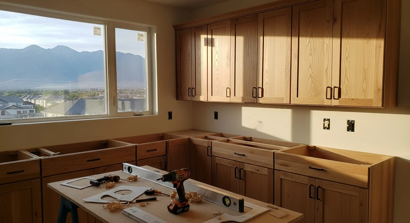 Handyman installing cabinet in modern kitchen