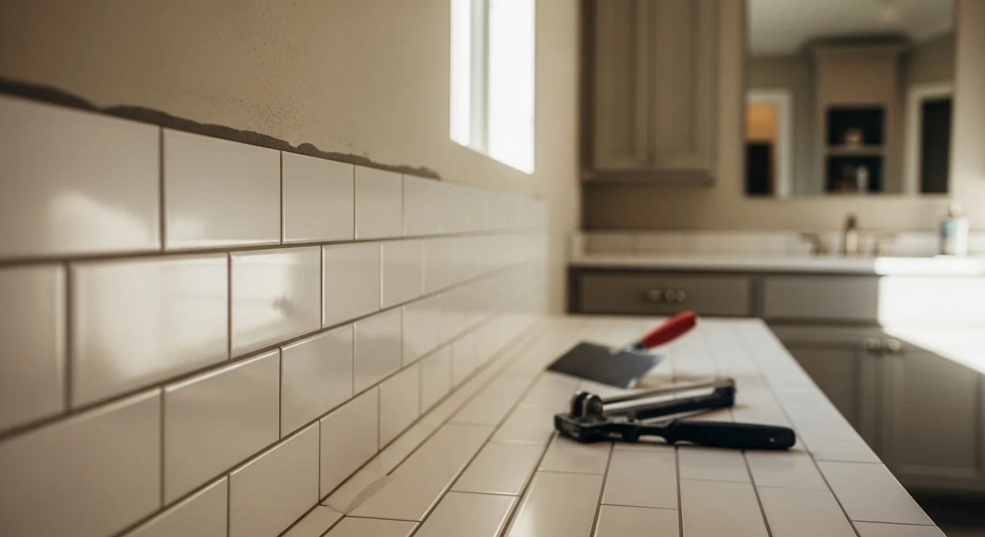 Newly installed tile floor in residential kitchen