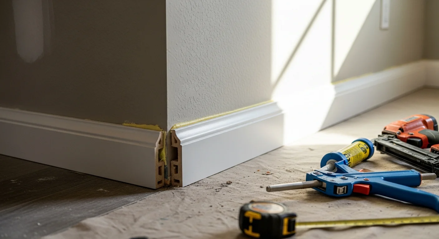 Freshly installed white baseboard trim running along the base of a painted interior wall in a Salt Lake County home, with clean miter joints at the corner and a tight fit against hardwood flooring. A finished hallway shows consistent trim profile from one end to the other with no visible gaps.