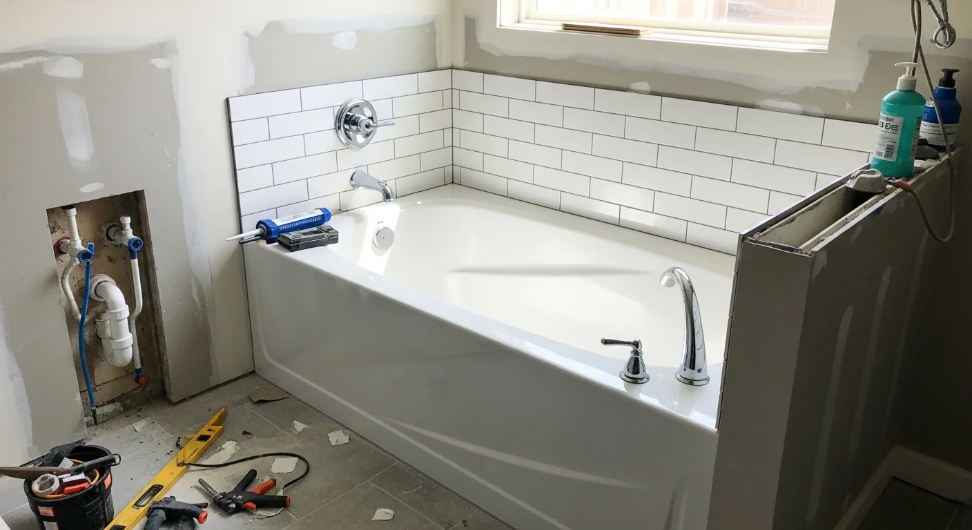 A newly installed alcove bathtub with clean tile surround and fresh grout lines in a remodeled Salt Lake County bathroom. The finished installation shows flush caulking at the tub edge and a complete tile wall completed by Altitude Tile and Carpentry.