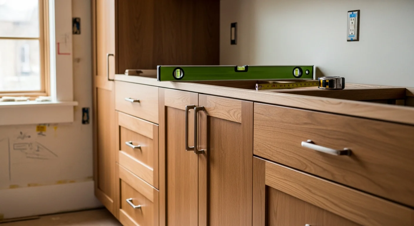 Newly installed upper and base kitchen cabinets in a Salt Lake County home, with doors hanging straight and hardware aligned. The kitchen shows a clean, finished installation ready for countertop work.