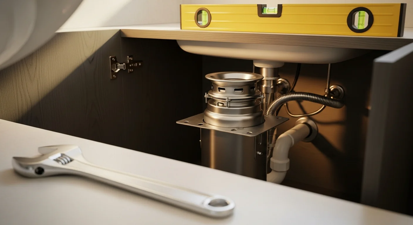 A newly installed disposal unit mounted under a bathroom sink in a Salt Lake County home, with clean drain connections and a finished tile surround visible in the background.