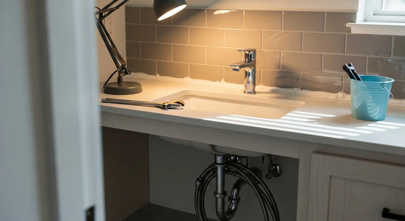 A newly installed bathroom faucet on a white porcelain sink vanity inside a remodeled Salt Lake County bathroom. The fixture is fully seated on a clean sink deck with visible supply line connections below.