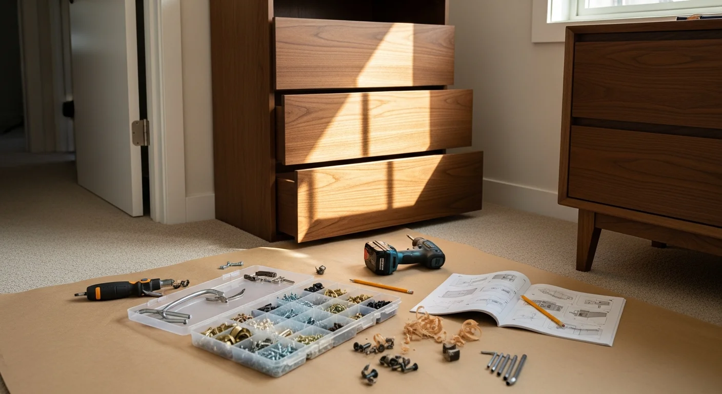 A completed bedroom furniture set, including a bed frame and two nightstands, fully assembled inside a Salt Lake County home. Tools and packaging have been cleared from the room, leaving the space clean and ready to use.