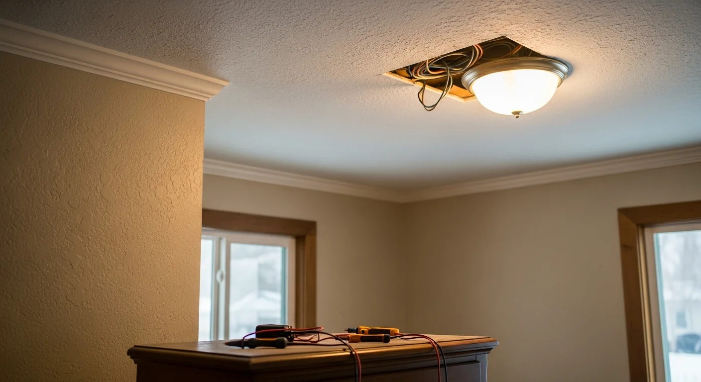 A newly installed pendant light fixture hanging above a kitchen island in a Salt Lake County home, with clean wiring and a secure ceiling mount. The surrounding kitchen features updated finishes common in mid-valley Utah residential remodels.