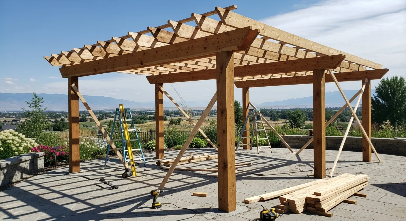 Attached pergola installed on a Utah home's back patio, with wood beams, string lights, and outdoor furniture underneath