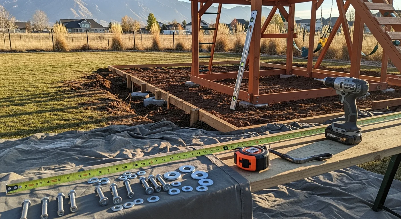 Fully assembled backyard playset in a Utah yard with slides, swings, and climbing features, safely anchored to the ground