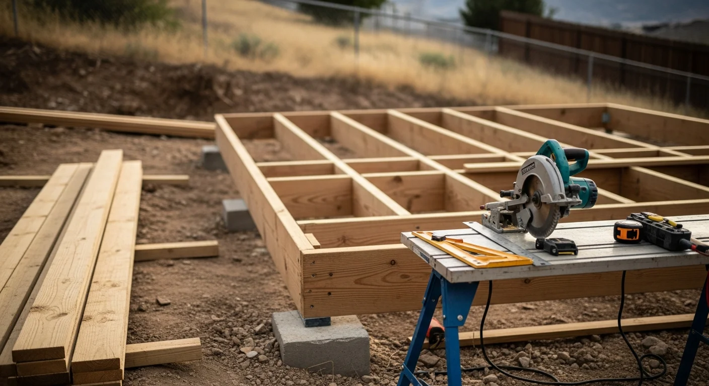 A small newly built wood deck attached to the back of a single-family home in Salt Lake County, Utah, with clean railing lines and a view of a residential backyard. The deck framing and decking surface are complete, showing a finished small-scale outdoor living space ready for use.