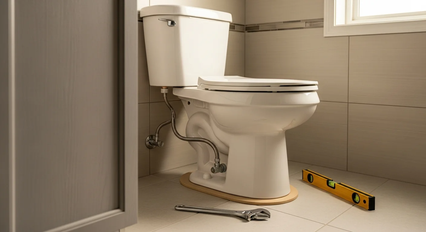 A newly installed white toilet set on clean tile flooring inside a remodeled bathroom in a Salt Lake County, Utah home. The fixture is level, the base is fully sealed, and the surrounding tile work is complete.