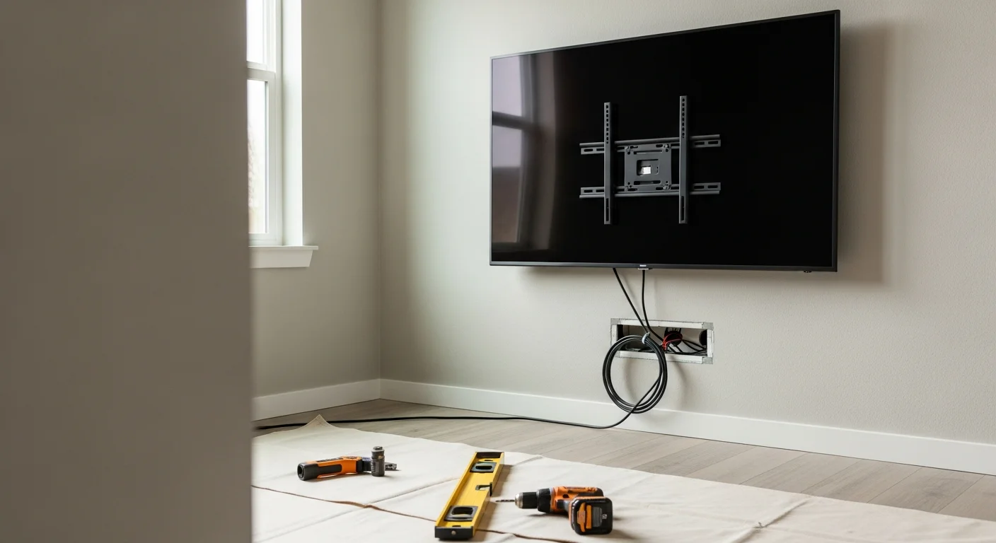 A large flat-screen TV mounted flush on a painted drywall wall in a Salt Lake County living room, with cables hidden and no visible hardware. The screen is level and centered above a low media console in a clean, finished interior space.