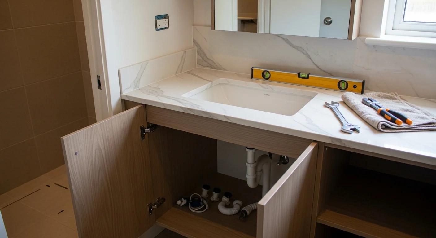 A newly installed bathroom vanity with a stone countertop and undermount sink in a Salt Lake County home bathroom. The cabinet doors are closed, the plumbing connections are finished, and the space is clean and ready for use.